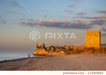 Beach with a historical building, Sicily, Italy Beach with a historical building, Sicily, Italy 122008665