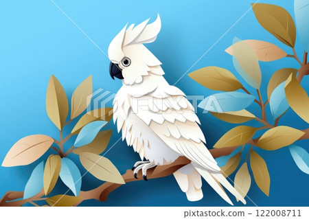cockatoo sit on branch paper art illustration 122008711