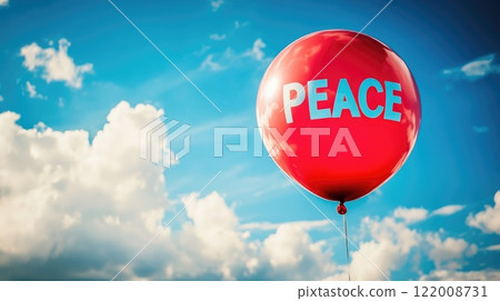 balloon with text peace fly in blue sky 122008731