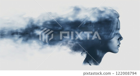 ethereal side portrait of a woman face drifting into cloudy blue haze over white space copyspace concept of mental health therapy spiritual wellness 122008794