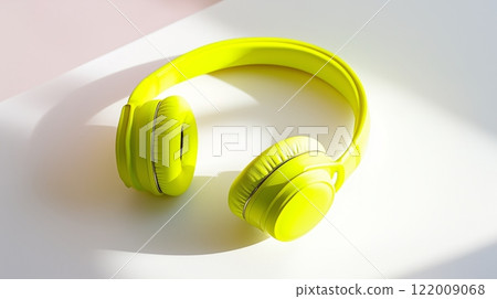 Wireless headphones in a bright neon yellow, placed on a white surface. 122009068