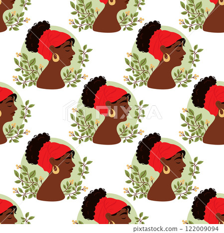 Seamless pattern with Cute African American woman in profile with leaves on white background. Vector illustration. Black History Month. Annual holiday in February in USA, Canada October in UK 122009094