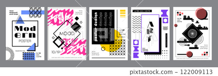 Abstract cover typography template. Posters layouts with creative artistic compositions with geometric shapes, grids, dot textures, fractals. Modern banners set in retro design. Vector illustration. 122009113