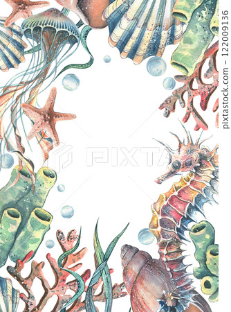 Seahorse, jellyfish, corals, sea sponges, seaweed, shells, starfish and bubbles. Hand drawn watercolor illustration on the theme of sea animals. Vertical rectangular frame, template for text. 122009136
