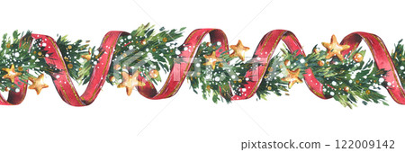 Garland decoration Christmas, New Year with green fir tree branches, red twisting ribbons, golden stars and snow. Watercolor hand drawn illustration. Seamless border isolated from background Garland decoration Christmas, New Year with green fir tree branches, red twisting ribbons, golden stars and snow. Watercolor hand drawn illustration. Seamless border isolated from background 122009142