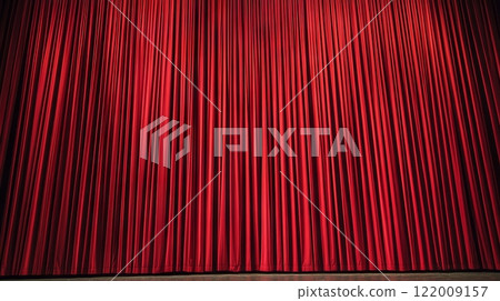 Red stage curtain closed in theater setting, anticipation and drama concept Red stage curtain closed in theater setting, anticipation and drama concept 122009157