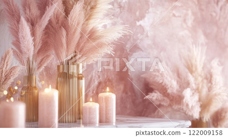 Soft pink pampas grass in gold vases with lit candles on marble surface, elegant decor concept 122009158