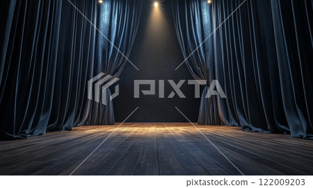 Dark empty theater stage with blue velvet curtains and dramatic lighting, performance preparation concept 122009203