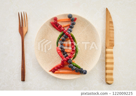 DNA food and genetically modified foods, DNA helix structure on plate. 122009225