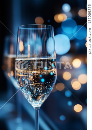 Party shines with champagne glasses reflecting glowing lights, creating glamorous ambiance. Champagne bubbles elevate festive mood as vibrant party scene captures elegance. 122009236