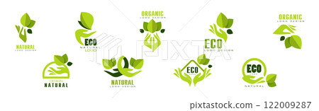 Bright Green Eco Label and Organic Sticker with Leaf Vector Set 122009287