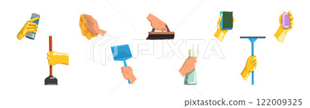 Hand with Cleaning Tool Do Domestic Chore Vector Set Hand with Cleaning Tool Do Domestic Chore Vector Set 122009325