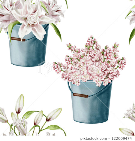 Flowers in a bucket or vase. Seamless pattern. watercolor illustration without background. Lilacs and lilies in delicate pastel shades. Pink spring flowers in a metal bucket. Garden flowers. Flowers in a bucket or vase. Seamless pattern. watercolor illustration without background. Lilacs and lilies in delicate pastel shades. Pink spring flowers in a metal bucket. Garden flowers. 122009474