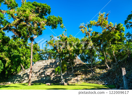 Temple 11 at West Court of Acropolis of Maya Archaeological Site of Copan. UNESCO world heritage in Honduras 122009617