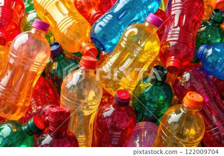 Colored plastic bottles. Green Planet Earth Day or Environment Day concept. Paris Agreement concept. Ecology concept. 122009704
