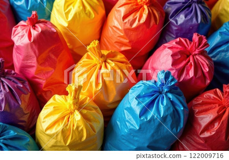 Colored bags. Green Planet Earth Day or Environment Day concept. Paris Agreement concept. Ecology concept. 122009716