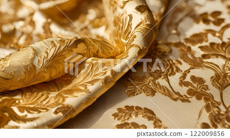 Close-up of luxurious gold brocade fabric adorned with intricate floral and leaf patterns, epitomizing elegance and opulence, perfect for ceremonial and upscale attire. AI Generated 122009856