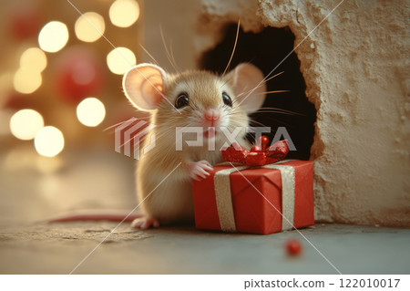 Mouse peeking out of its burrow, holding a gift 122010017
