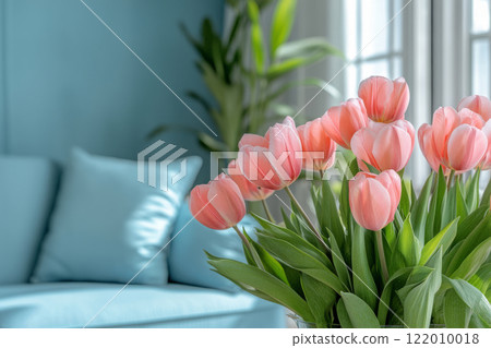 Bouquet of flowers in bright cozy living room with natural light 122010018