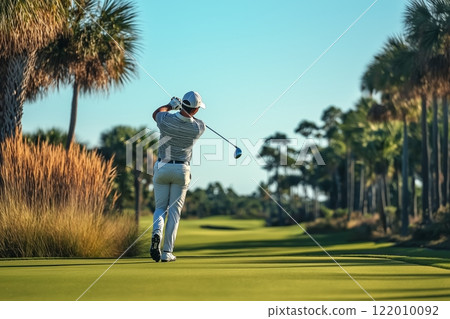 Golfer swinging a club on a sunny day at a coastal golf course 122010092
