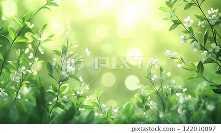Soft sunlight filters through green leaves and delicate white flowers in spring 122010097