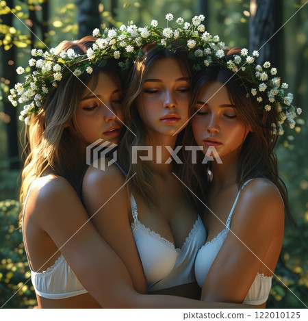 An ethereal, dreamlike scene of three young women in a forest, adorned with floral wreaths. Capturing the essence of sisterhood, unity, and natural beauty, bathed in soft sunlight amidst. 122010125