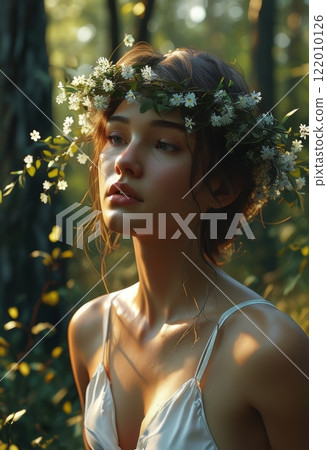 An ethereal, dreamlike scene of three young women in a forest, adorned with floral wreaths. Capturing the essence of sisterhood, unity, and natural beauty, bathed in soft sunlight amidst. 122010126