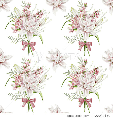 Large beautiful bouquet with flowers and lily. Seamless pattern. Watercolor illustration without background. Spring festive bouquet of different flowers. Delicate pastel color palette. Large beautiful bouquet with flowers and lily. Seamless pattern. Watercolor illustration without background. Spring festive bouquet of different flowers. Delicate pastel color palette. 122010150
