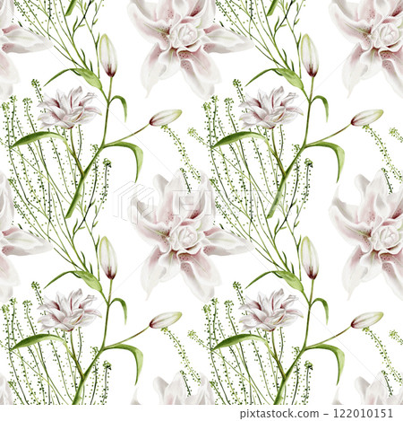 Spring flowers. Seamless pattern. Watercolor illustration without background. Lilies and blooming buds on stems with leaves. A delicate thin plant with small leaves. Festive ornament. Spring flowers. Seamless pattern. Watercolor illustration without background. Lilies and blooming buds on stems with leaves. A delicate thin plant with small leaves. Festive ornament. 122010151
