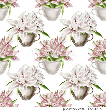 Flowers in a cup. Seamless pattern. Watercolor illustration. Lilies large and small in coffee and tea cups. For textiles, fabric and paper. Spring drawing, print. Flowers in a cup. Seamless pattern. Watercolor illustration. Lilies large and small in coffee and tea cups. For textiles, fabric and paper. Spring drawing, print. 122010153