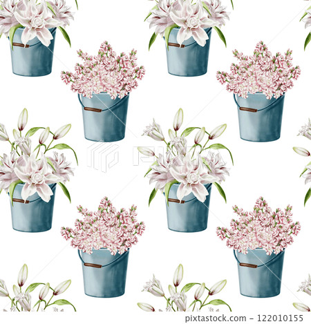 Flowers in a bucket or vase. Seamless pattern. watercolor illustration without background. Lilacs and lilies in delicate pastel shades. Pink spring flowers in a metal bucket. Garden flowers. Flowers in a bucket or vase. Seamless pattern. watercolor illustration without background. Lilacs and lilies in delicate pastel shades. Pink spring flowers in a metal bucket. Garden flowers. 122010155