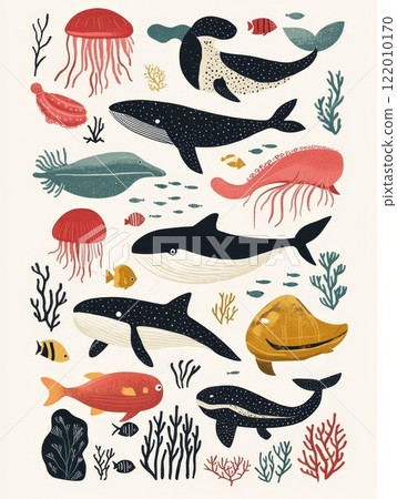 Sea animal watercolor pattern Illustration background. 122010170