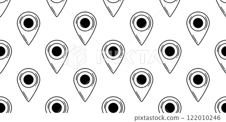 A seamless black-and-white pattern featuring hand-drawn location pins, perfect for navigation, maps, and geolocation-themed designs. 122010246
