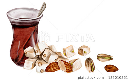 Tea in a glass with a spoon. Black classic Turkish drink. Different types of lokum with nuts and pistachios. Watercolor illustration. Tea in a glass with a spoon. Black classic Turkish drink. Different types of lokum with nuts and pistachios. Watercolor illustration. 122010261