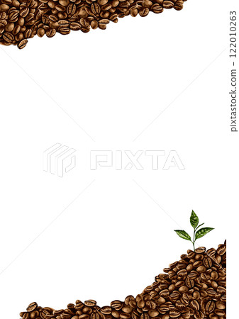 Coffee bean frame. Dark brown coffee. Roasted coffee beans. Coffee is scattered in the corners of the square. Suitable for labels and packaging. Watercolor illustration. 122010263