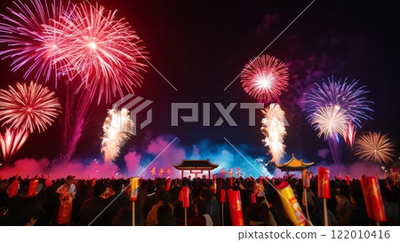 Festive fireworks over traditional Asian celebration  122010416