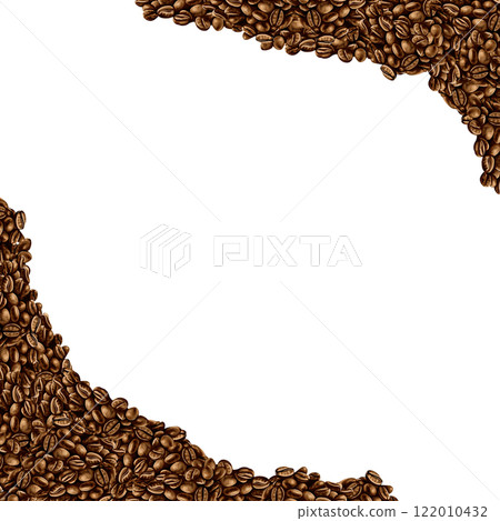 Coffee bean frame. Dark brown coffee. Roasted coffee beans. Coffee is scattered in the corners of the square. Suitable for labels and packaging. Watercolor illustration. Coffee bean frame. Dark brown coffee. Roasted coffee beans. Coffee is scattered in the corners of the square. Suitable for labels and packaging. Watercolor illustration. 122010432