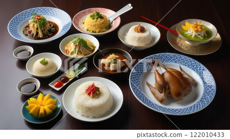 Asian feast with rice, duck, and mango  122010433