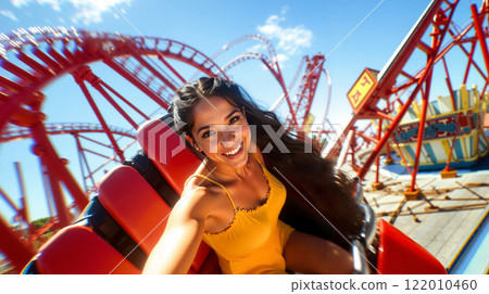 A woman in a yellow dress riding a roller coaster at a theme park A woman in a yellow dress riding a roller coaster at a theme park 122010460