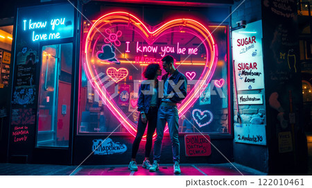 A man and woman standing in front of a neon sign that says I know you love me 122010461