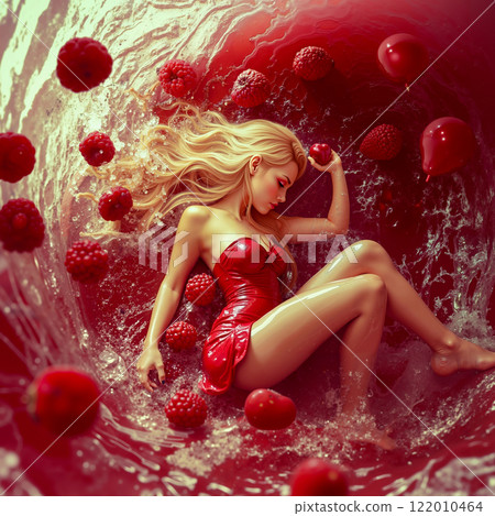 A woman in a red dress sitting in a bowl of raspberries 122010464