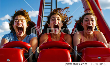 Three women laughing on a roller coaster ride 122010480
