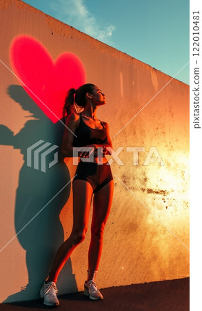 A woman standing in front of a wall with a red heart painted on it 122010481