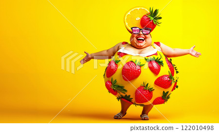 A woman in a strawberry dress with a slice of lemon on her head 122010498