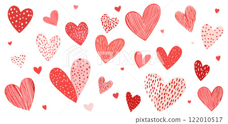 Set of pink and red hearts with various patterns. Vector illustration 122010517