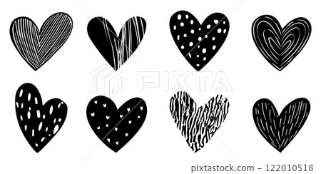 Set of black hearts with different patterns. Vector illustration 122010518