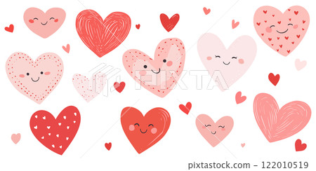 Set of pink and red hearts with various patterns and smiling faces. Vector illustration 122010519