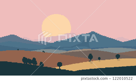 Sunrise in mountains. Pixel vector landscape. Vintage color palette Sunrise in mountains. Pixel vector landscape. Vintage color palette 122010522