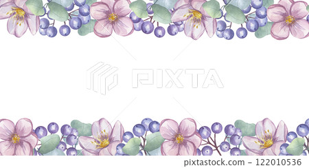 Blue dogwood berries, pink flower, eucalyptus leaves banner frame. Greenery foliage clipart. Hand drawn watercolor illustration background. Botanical art for wedding invitation, save the date 122010536