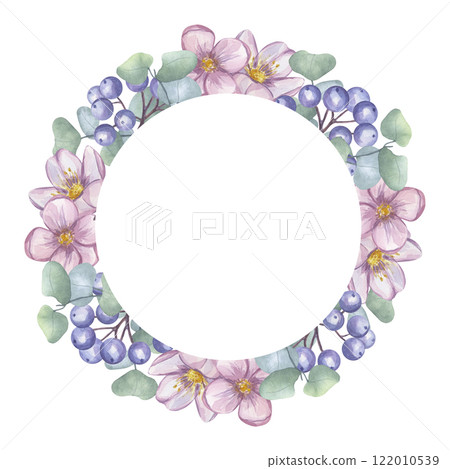 Blue dogwood berries, pink flower, eucalyptus leaves round wreath frame. Greenery foliage clipart. Hand drawn watercolor illustration background. Botanical art for wedding invitation, save the date Blue dogwood berries, pink flower, eucalyptus leaves round wreath frame. Greenery foliage clipart. Hand drawn watercolor illustration background. Botanical art for wedding invitation, save the date 122010539